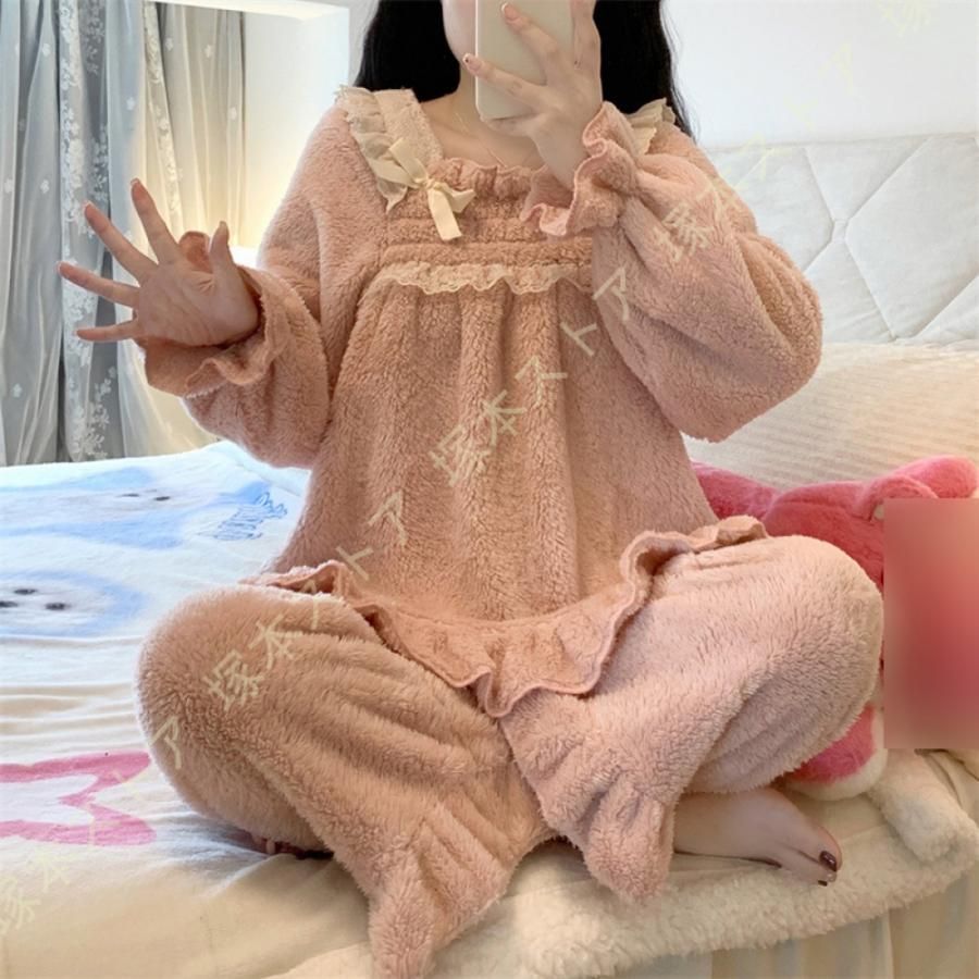 ルーム ウェア 上下 セット もこもこ ふわふわ フリル フード付き 耳 着ぐるみ 暖かい パジャマ 秋 冬 あったかい 大人 部屋着 レディース