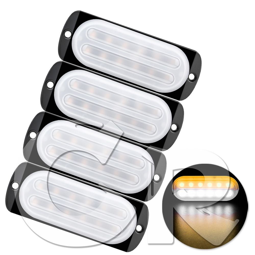 発光カラー：イエロー/ホワイト 12連 4個 片側適用 多モード 超薄型 LED ライト ハザード ストロボ/フラッシュ/警告灯 柔光 パトロール ライトバー 緊急点滅灯 SUV トラック トレーラー ランク