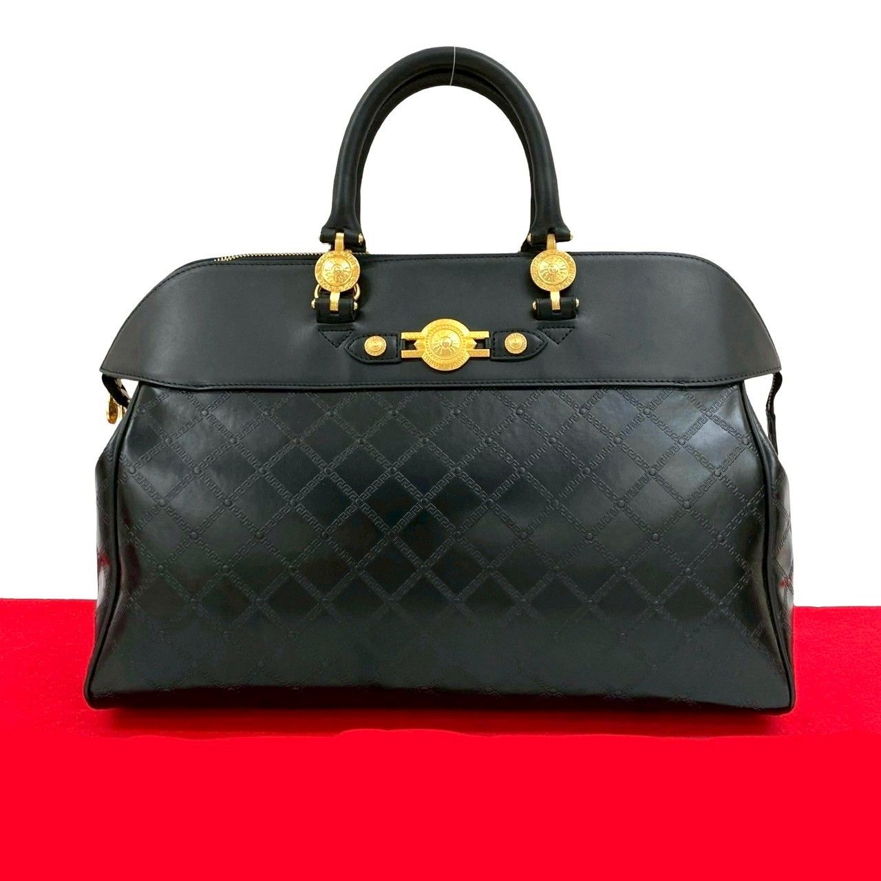 美品【VERSACE】2wayボストンバッグ　サンバースト　レザー　ブラック. 極 美品 VERSACE ヴェルサーチ サンバースト ロゴ 金具 レザー