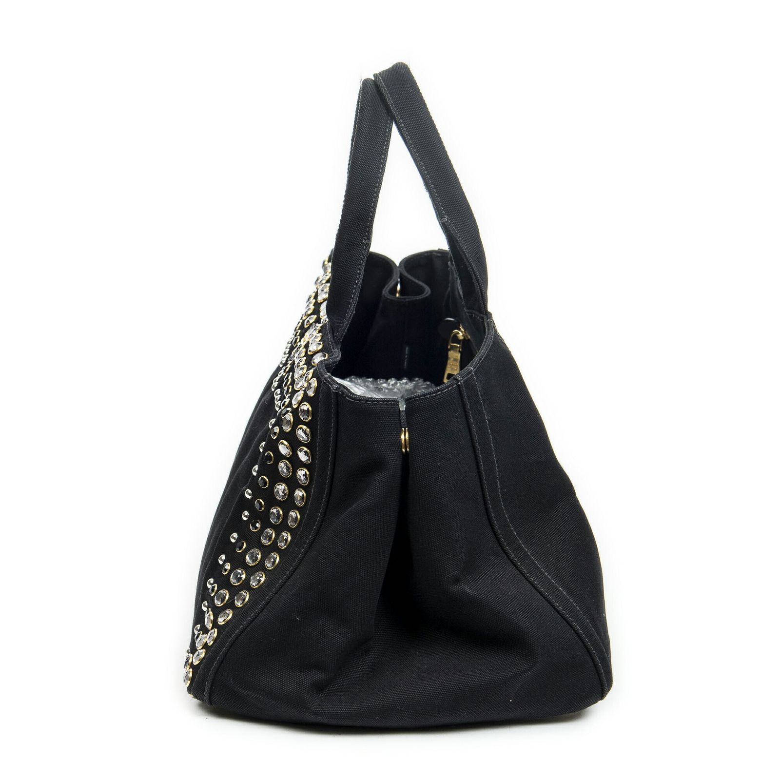 PRADA プラダラージラインストーンカナパトート黒スタッズカナパキャンバスA DECORATOM_COM_BR