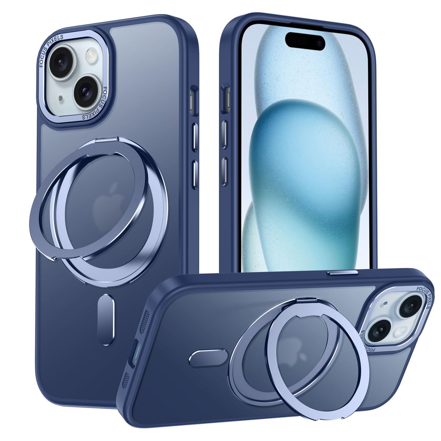Plus 適用 ケース Magsafe対応 アイフォン15プラス カバー 15 360回転スタンド Uovon スマホケース アイホン 15plus 携帯ケース ワイヤレス充電 車載ホルダー iPhone 対応 ストラップ穴付き 半透明 指紋