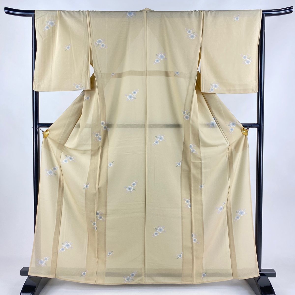 小紋 身丈164cm 裄丈66.5cm M 薄物 絽 草花 ベージュ 正絹 秀品