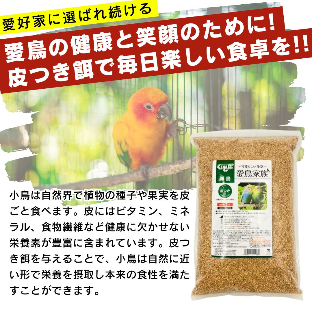 送料無料 愛鳥家族 洋鳥用 皮付き餌 3kg×6袋セット インコ フィンチ 鳥の餌 小鳥の餌 国産 大容量 お徳用 まとめ売り ウグイス メジロ ホオジロ コゲラ オオルリ オカメインコ コザクラインコ ボタンインコ セキセイインコ