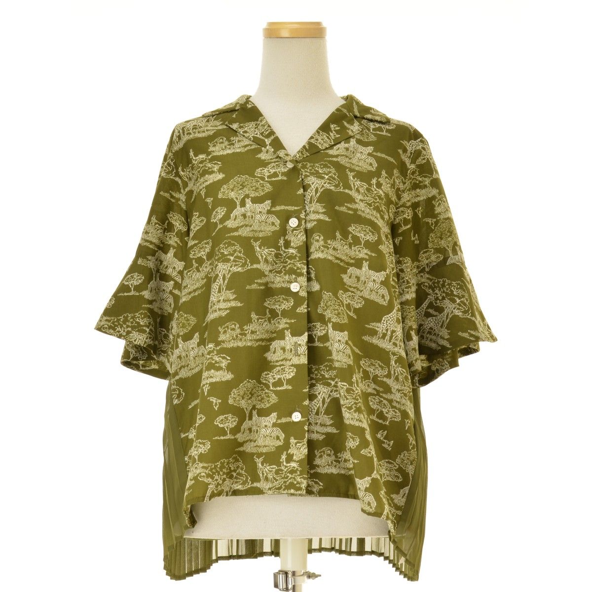 MUVEIL MA91FB702 サファリ柄 バックプリーツ切替 開襟五分袖シャツ