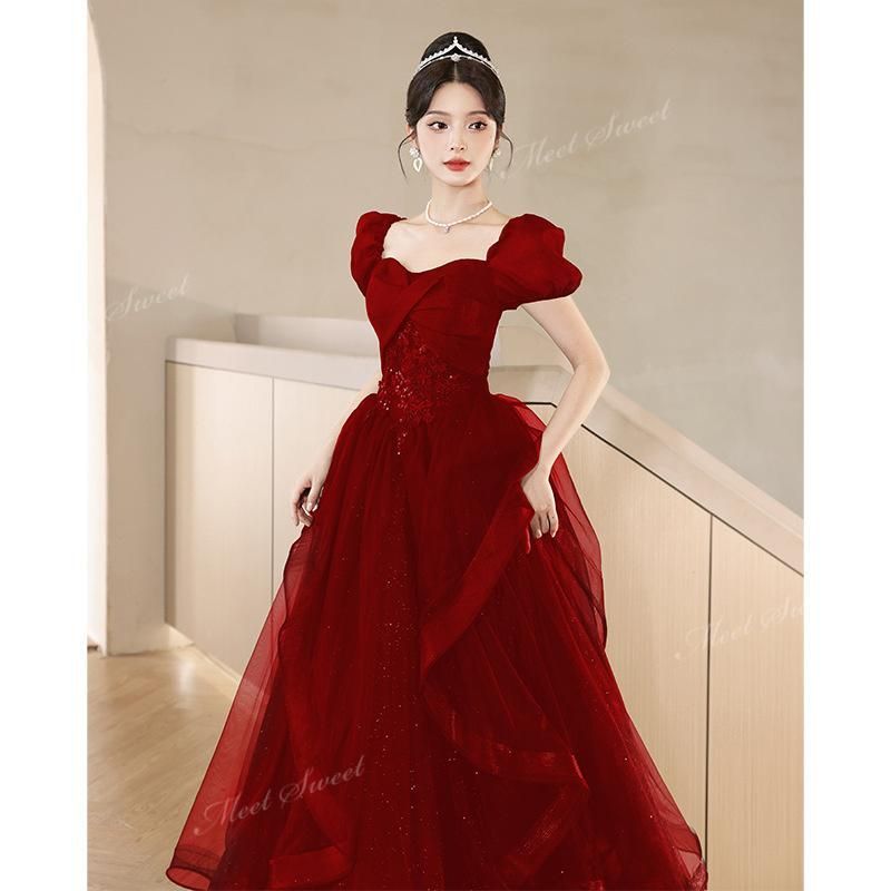 発表会用ドレス ワインレッド ベアトップ カラードレス ウェディング