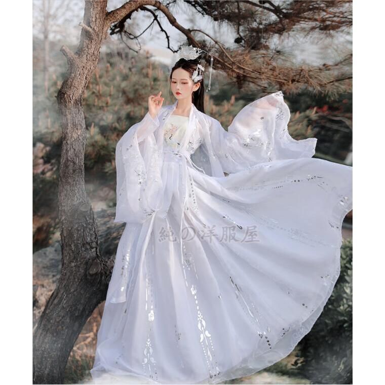 黒白2色 豪華4点セット漢服 梅 鶴刺繍華流コスプレ舞台衣装 中国古代宮廷衣装 プリント貴妃皇后女王変装 古典チャイナドレス 超美しい中華