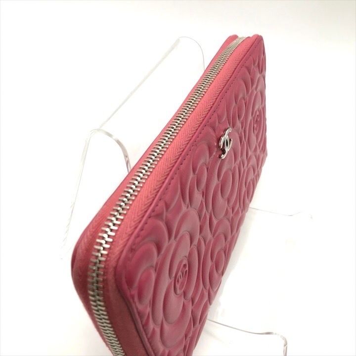 美品 CHANEL シャネル カメリア レザー ラウンド ファスナー エンボス  
