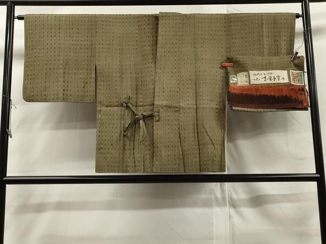 平和屋着物＃伝統工芸士　七代目　吉澤与市　道中着　紬地　竹　縞　反端付き　正絹　逸品　CAAR9137id 平和屋着物＃伝統工芸士 七代目 吉澤与市 道中着 紬地 竹 縞 反端付き