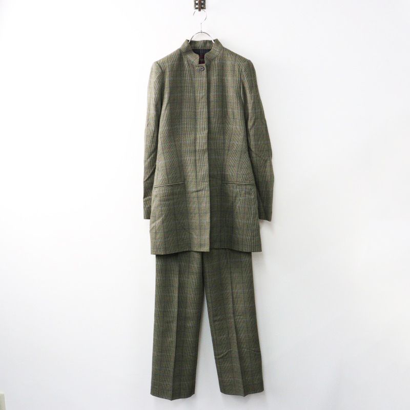 VINTAGE フランス製 ケンゾー KENZO ウールチェック セットアップスーツ マオカラーロングジャケット パンツ 38 グレー系 2400014444681