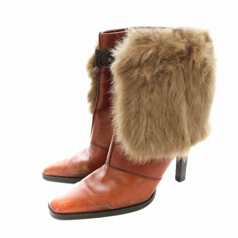 H.！TOD'S トッズ23.5cm ブーティ トッズ TOD'S ショートブーツ サイドジップ レザー ファー付き