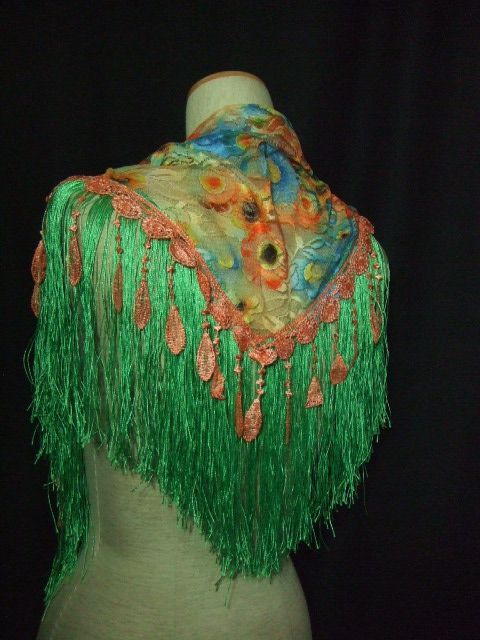 バレンシアオリジナルバラレース花プリント地レース＆グリーンフリンジシージョ