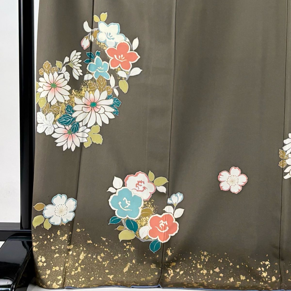 訪問着 身丈171.5cm 裄丈68cm L 袷 花丸文 菊 金彩 茶緑色 正絹 秀品