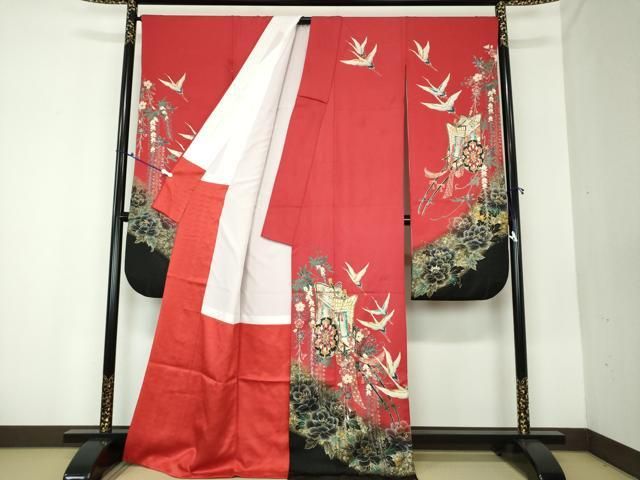 平和屋着物○豪華振袖 駒刺繍 飛鶴御所車花文 暈し染め 金銀彩