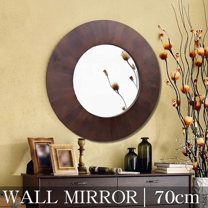 鏡 壁掛け ウォールミラー 丸 直径70cm WALL MIRROR ラウンドミラー 北欧 壁掛けミラー 洗面台 丸鏡 円形 シンプル ナチュラル アジアン おしゃれ インテリア 木製フレーム SM-46