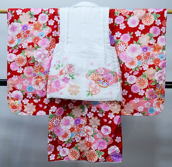 七五三 三歳 女児 被布着物セット 正絹 夢想 百花繚乱 白×赤 3歳 3才 