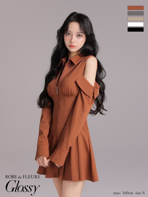 ブラウン GL4126 ROBE de FLEURS Glossy | ローブドフルールグロッシー ツイル| 襟付き| ジッパー| 肩あき| オープンショルダー| 長袖| フ | ミニドレス| キャバドレス| ワンピース