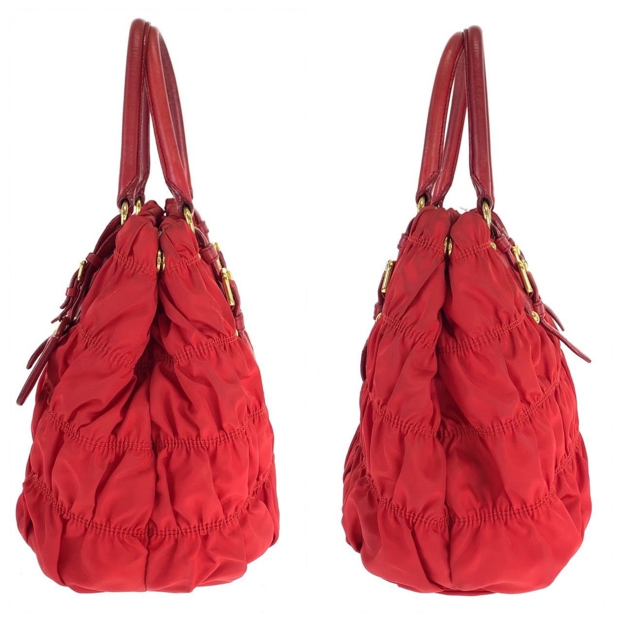 美品 PRADA プラダ テスート ゴーフル ギャザー レッド 赤 ゴールド 
