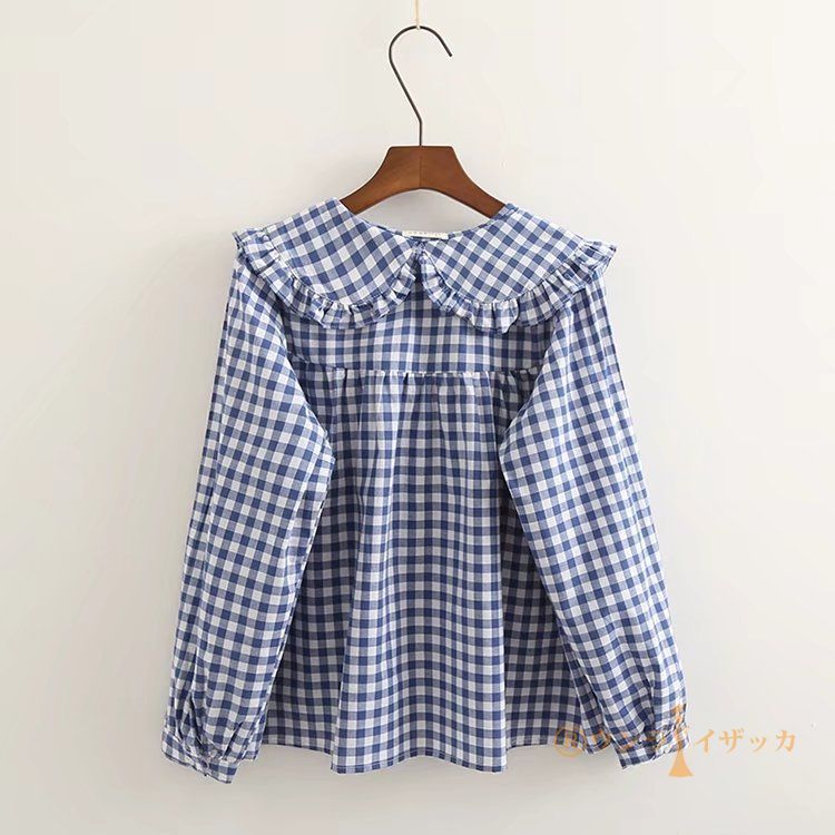 丸襟 チェック シャツ ブラウス 長袖 シャツブラウス レディース トップス 春 秋 チェック カジュアル シャツ 春トップス ゆったり 体型カバー 重ね着 綿 コッ レディース チュニック ブラウス 長袖 チェック柄 レース襟