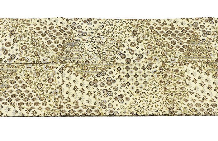 名古屋帯 新品仕立済 正絹 岡重 結城紬 裂取更紗模様 名古屋帯 新品 仕立て上がり h2838 名古屋帯 新品仕立済 正絹 岡重 結城紬 裂取更紗模様 名古屋帯 新品