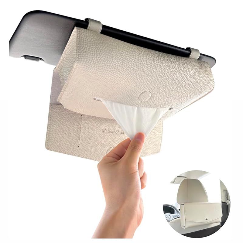 【2way仕様】箱ごと入る 車 ティッシュホルダー ティッシュケース サンバイザー ヘッドレスト カー用品 便利グッズ 車内 (厚型（箱用）, ベージュ)