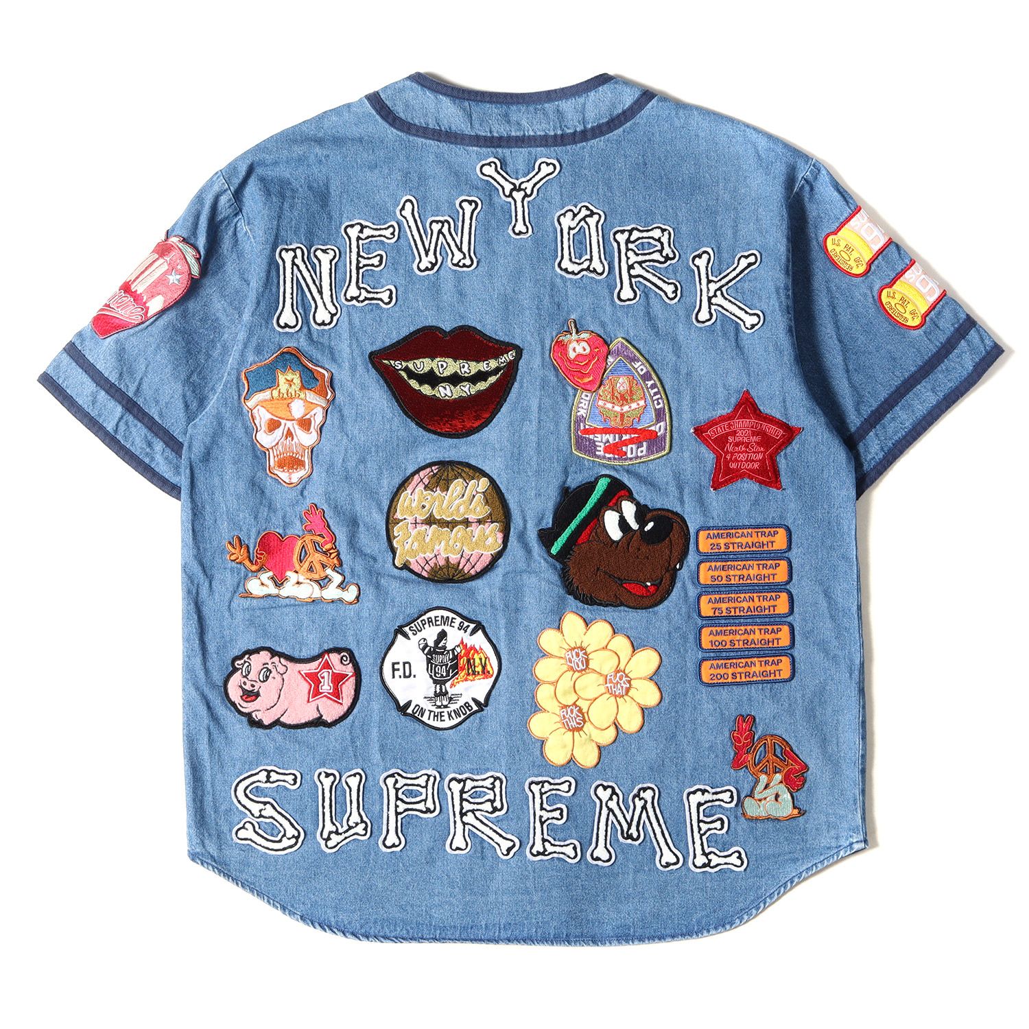 SUPREME マルチワッペン デニム ベースボールシャツ 半袖 21SS L SUPREME マルチワッペン デニム ベースボールシャツ 半袖 21SS L