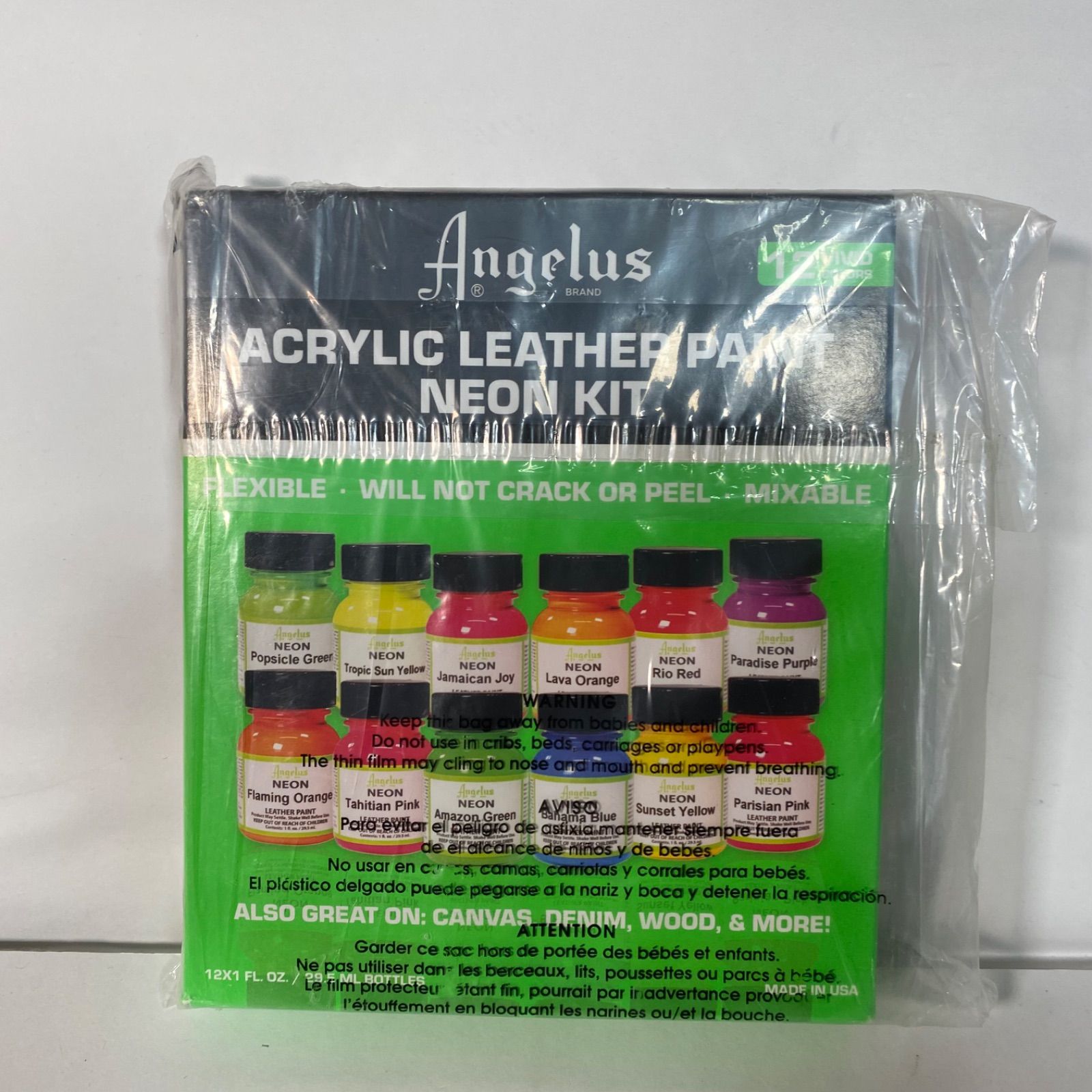 新品未使用　Angelus アクリルレザー塗料 ネオンキット 12色　画材 Angelus ネオンアクリルレザーペイントセット – 12種類の鮮やか