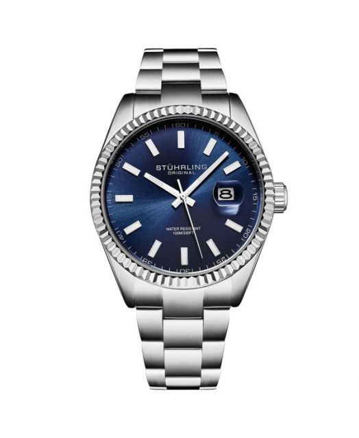 送料無料 ストゥーリング レディース 腕時計 アクセサリー Vanguard 4069 Men s Quartz Watch 42mm Blue Dial Stainless Steel Bracelet Fluted Bezel Date 100M Wa
