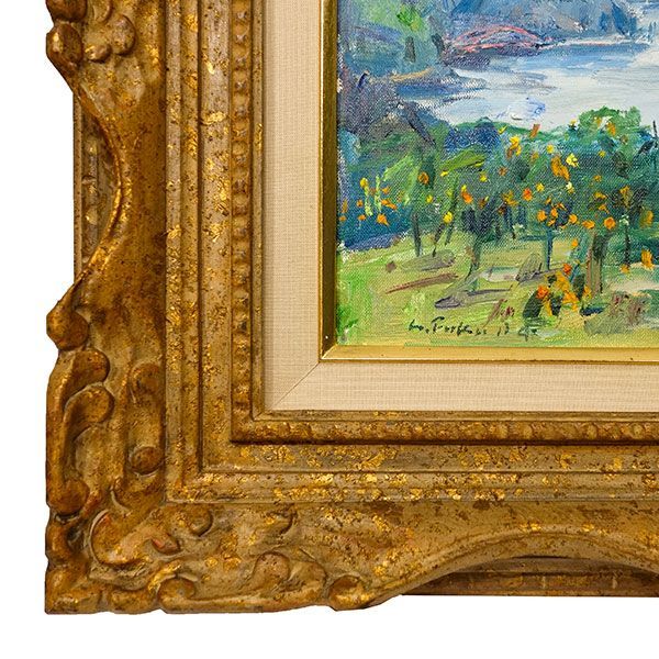 油彩画 P4号 福田俊三 初冬浜名湖遠望 額入り 油絵 真筆 手描き 肉筆 風景画 ミカン畑 三ケ日みかん 白日会 赤い橋 よこ長の絵 YE522 WWW_IBETON_RU