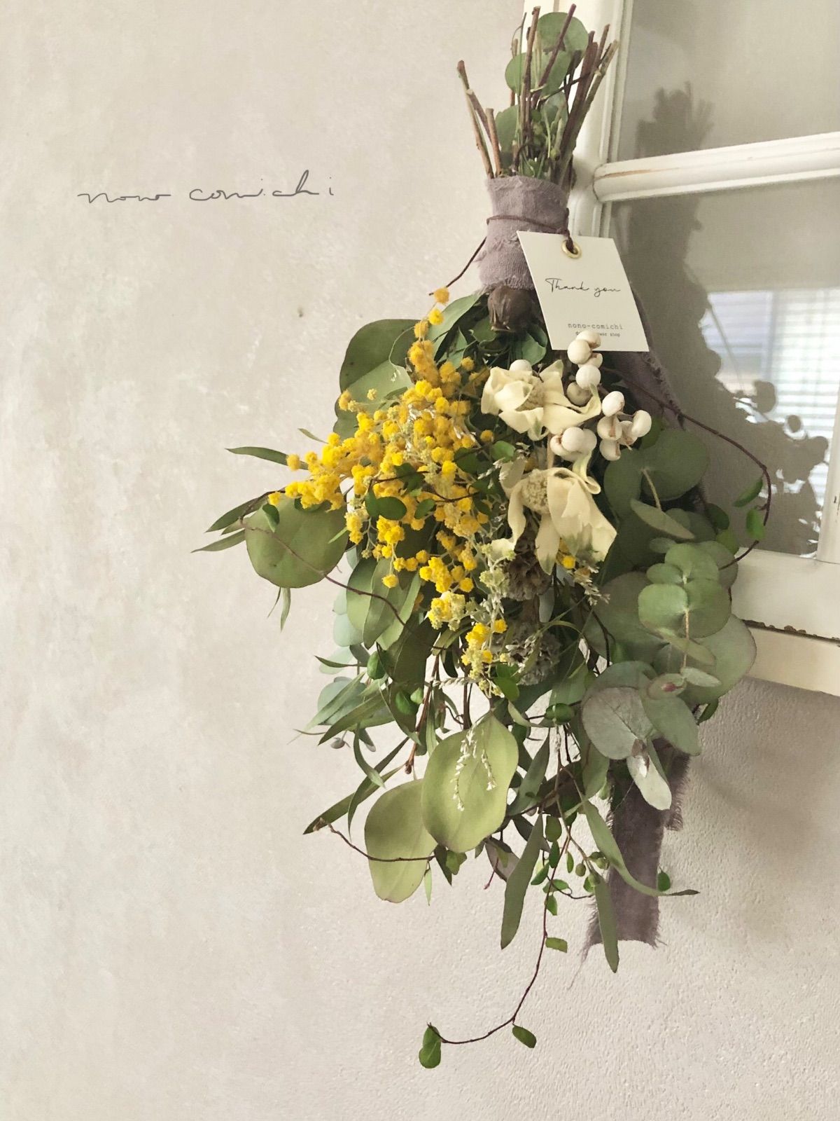 Spring 春の木漏れ日　ミモザのスワッグ　38cm Spring 春の木漏れ日ミモザのスワッグ38cm