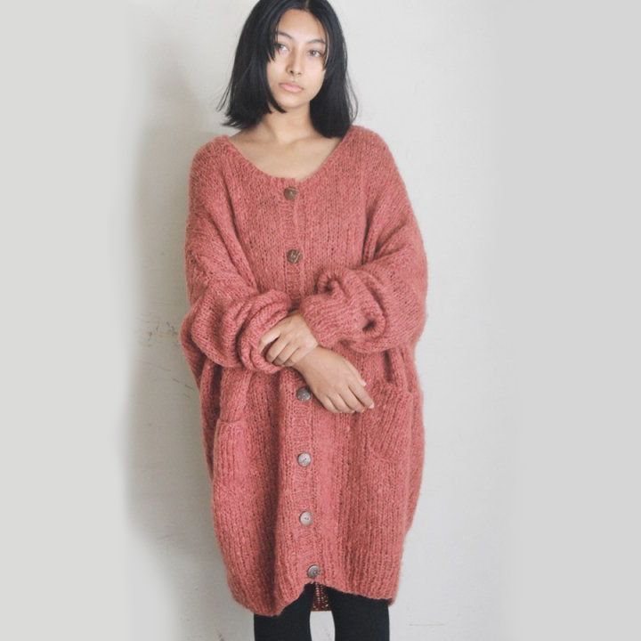 手編みモヘアロングカーディガン●若草オリーブ