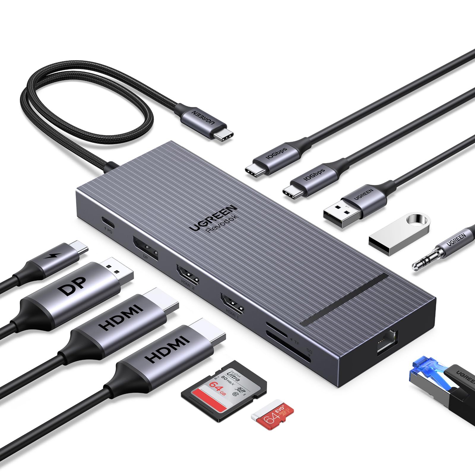 UGREEN Revodok Pro 12-in-1 トリプル4Kドッキングステーション 2*HDMI DP 2x10Gbps USB C 2x5Gbps USB A 100W PD急速充電 SD|TF 1000Mbpsイーサネット 3.5mmオーディオ