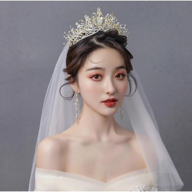 クラウンティアラ、ベール、パフスリーブ ウェディングセット ウエディング ヘッドドレス ゴールド シルバー ティアラ
