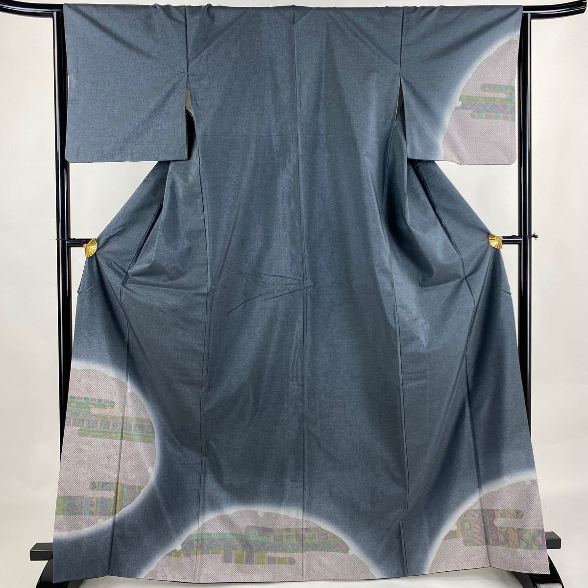 付下げ 身丈165cm 裄丈65cm M 袷 紬地 雪輪 ヱ霞 ぼかし 青灰色 正絹  