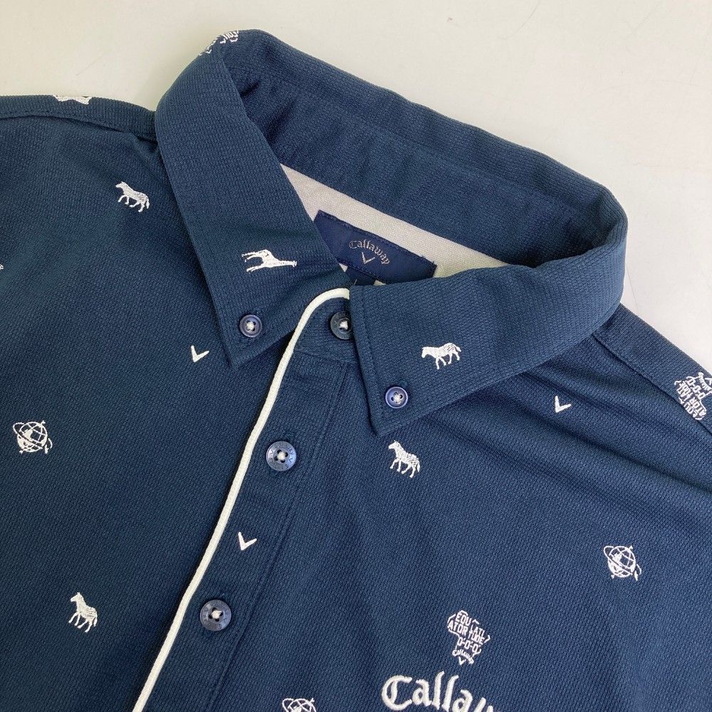 サイズ：L CALLAWAY キャロウェイ  長袖ポロシャツ ボタンダウン プリント 総柄 ネイビー系 [240101454204] ゴルフウェア メンズ ストスト CALLAWAY キャロウェイ 長袖ポロシャツ ボタンダウン プリント