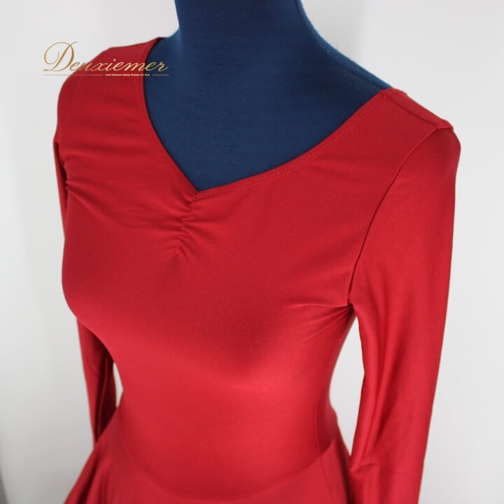 社交ダンス 衣装 スタンダード ドレス ワンピース レッスンウェア レディース オールシーズン レッド系 赤 無地 シンプル 派手 長袖 目立つ エレガント フォーマル ストレッチ フ ワイドスカート ダンス用 着心地抜群 ロング丈 発表会 衣装選び