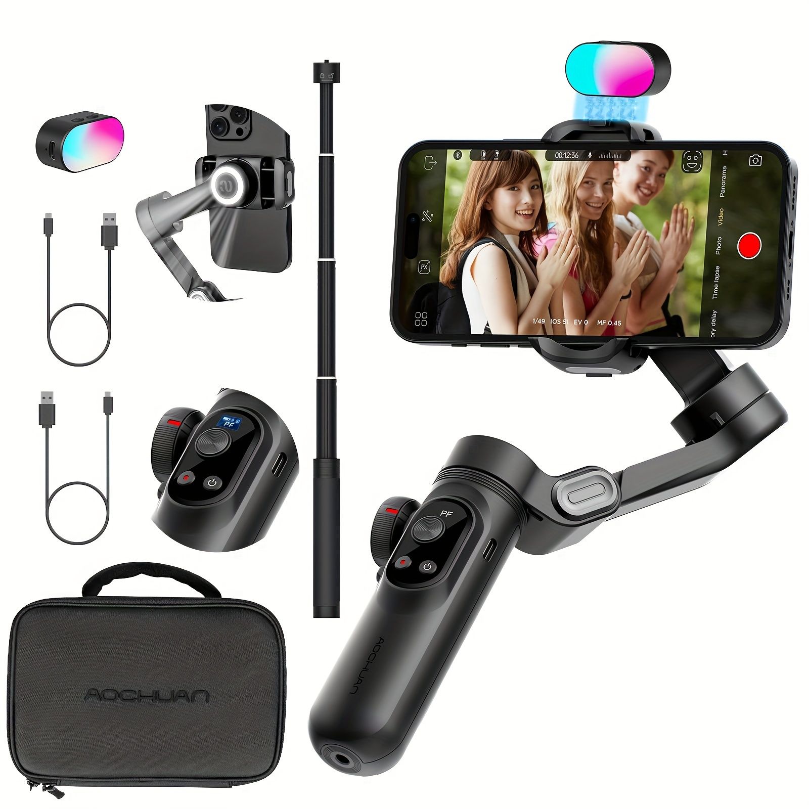 新着商品 AOCHUAN XPRO プロフェッショナル三軸モバイルフォンギンバルスタビライザー 短編ビデオ制作ツール 延長ロッド付き RGBフィルライト LEDディスプレイ ワイヤレス充電機能 自動顔追跡とインテリジェントジェスチャー認識制御tQx