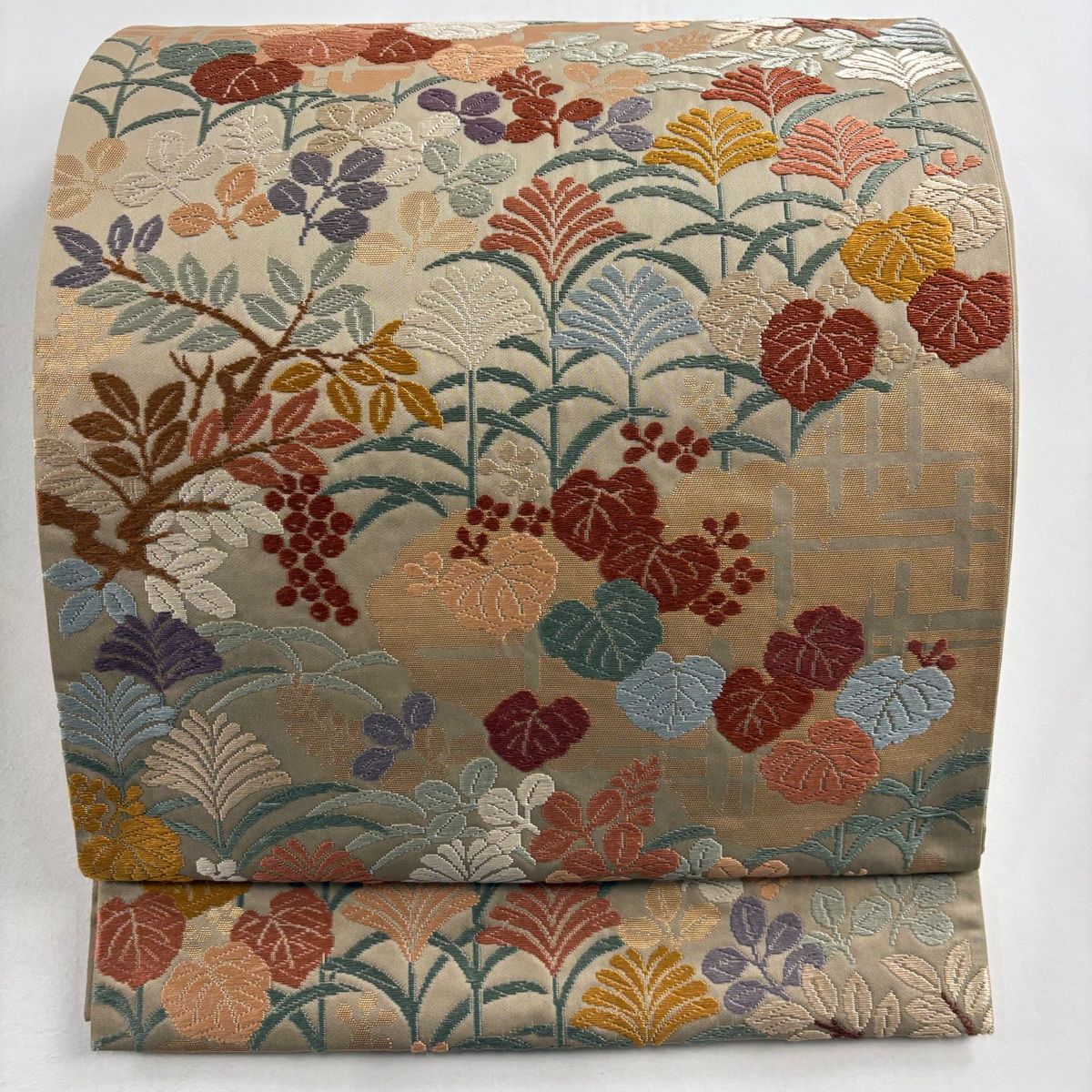袋帯 美品 秀品 葉と実 萩 唐織 箔 薄茶色 六通 正絹 【中古