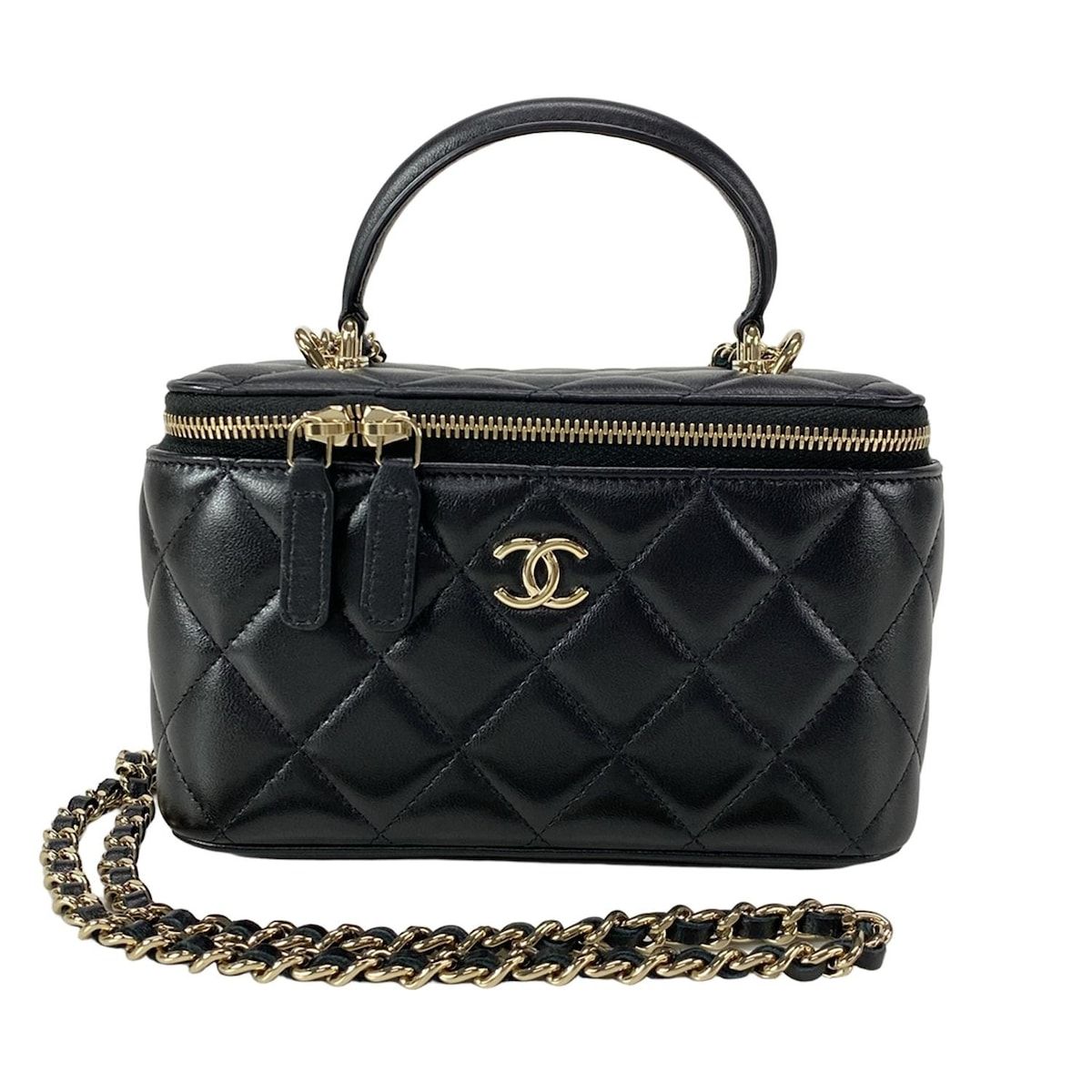 CHANEL シャネル バニティバッグ ヴァニティケース マトラッセ AP2199 黒 2WAY|チェーンショルダー|ゴールド金具|ミラー付き ラムスキン
