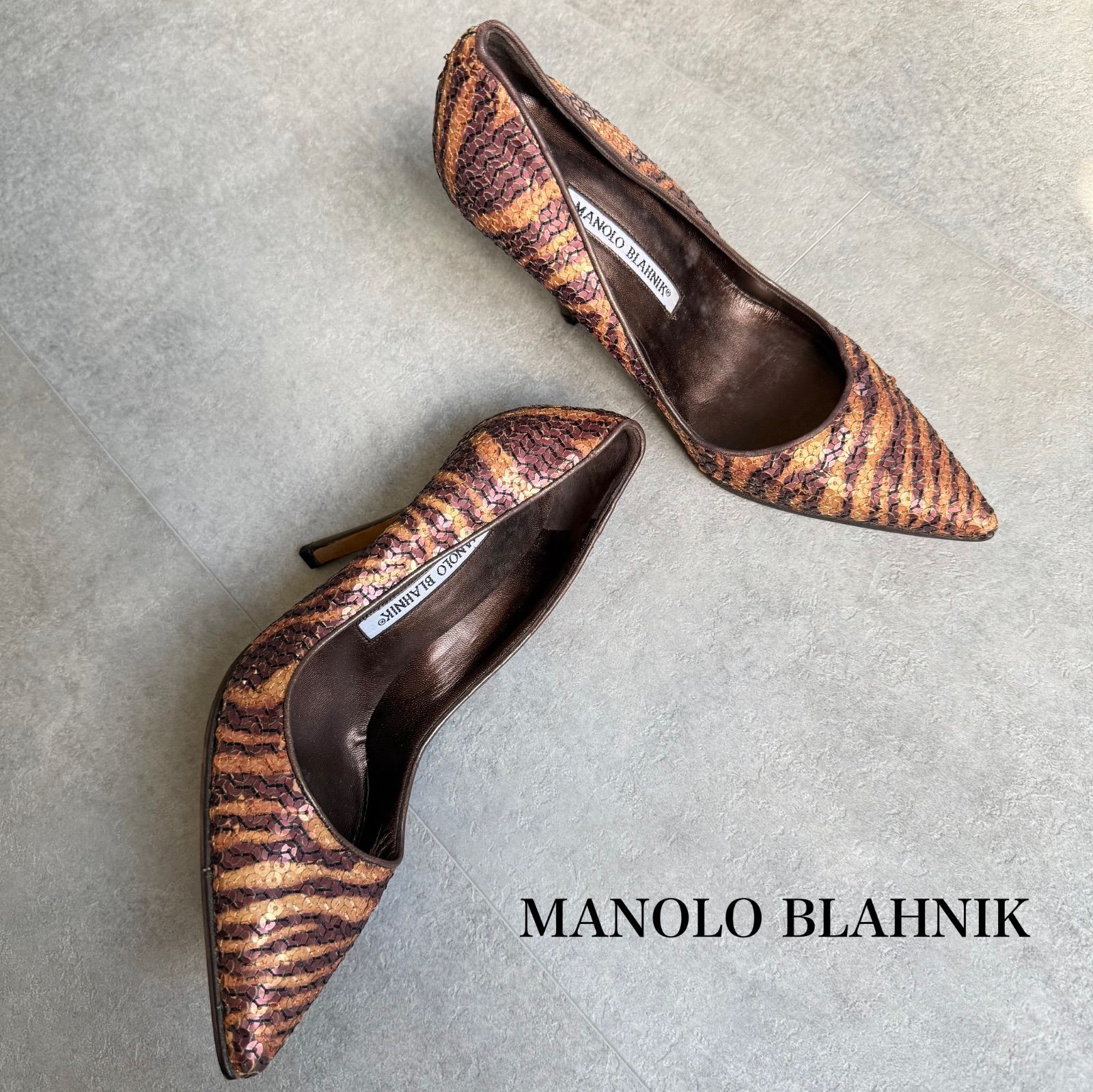 MANOLO BLAHNIKマノロブラニク スパンコール ゼブラ パンプス 35 1/2 22.5cm キラキラ 総柄 レディースシューズ ブラウン