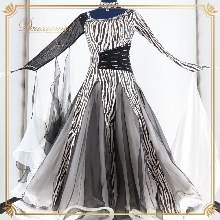 社交ダンス 衣装 ドレス ドレス ワンピース フロート ゼブラ 柄 模様 デモ 競技 ダンス パーティ 発表会 ブラック系 ホワイト系 Wish plus スカート ふんわり エレガント おしゃれ 競技用 パーティー 発表会用