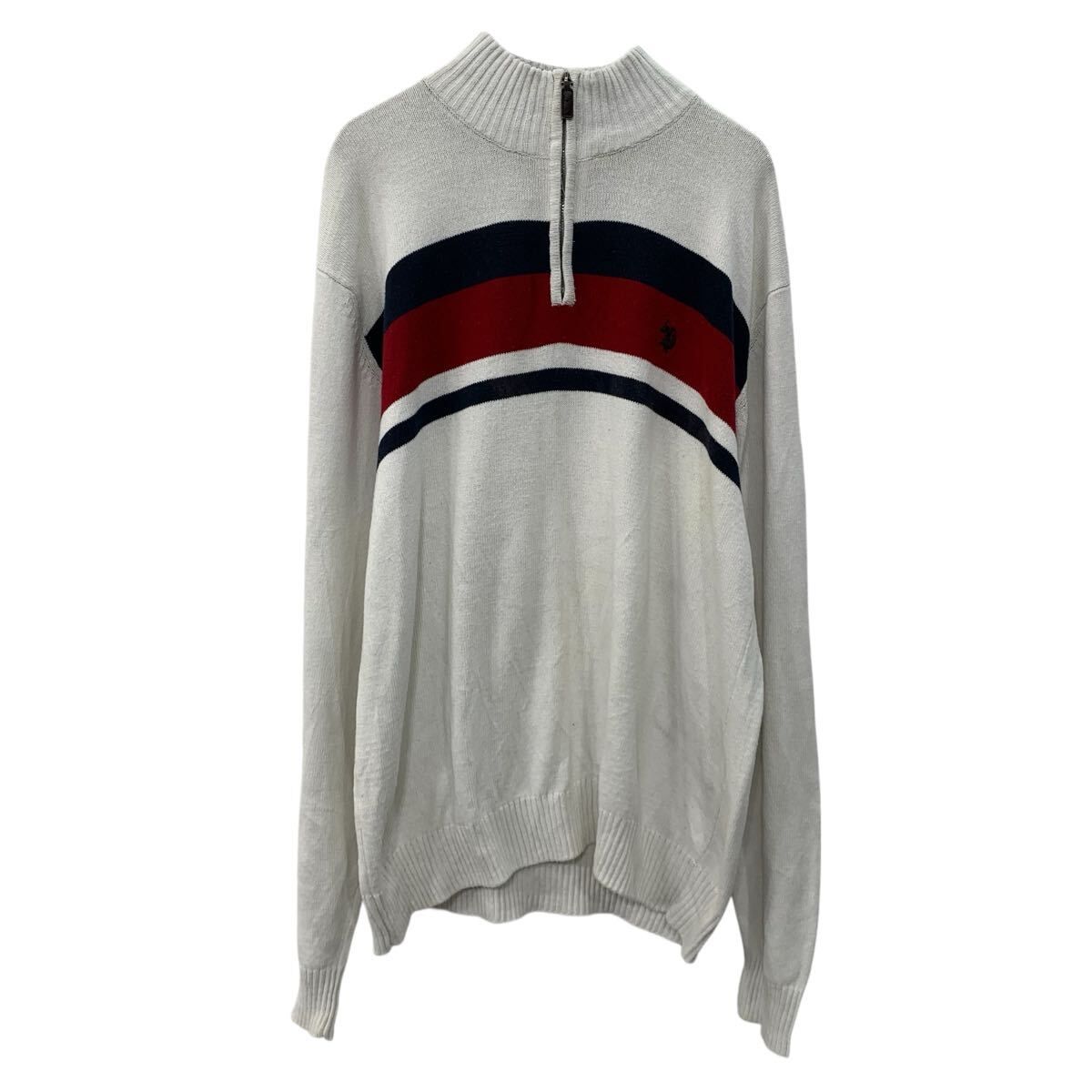 コットンニット セーター XXL ホワイト マルチカラー ハーフジップ 