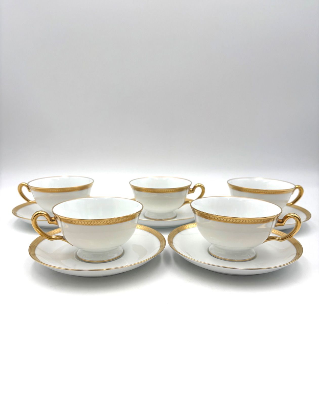 大倉陶園 OKURA 片葉金蝕 ホワイト ゴールド ゴールドライン 金彩 カップ＆ソーサー 5客セット