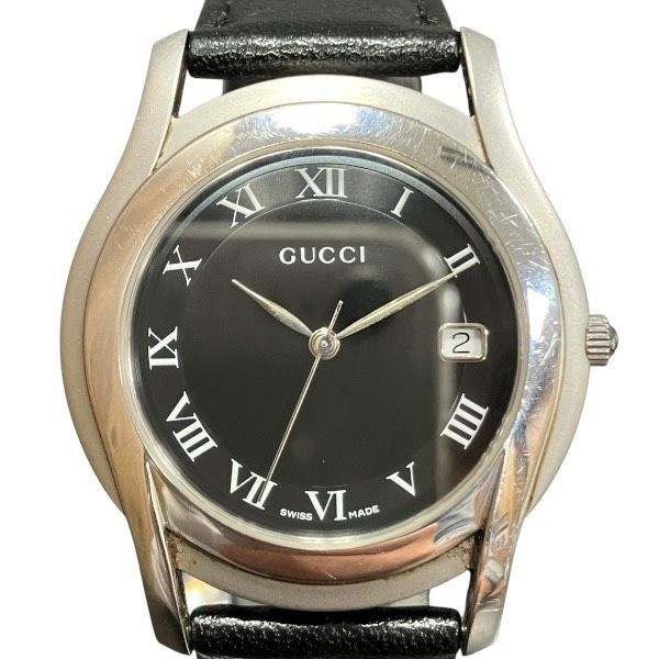 グッチ GUCCI 5500M クォーツ ブラック文字盤 デイト レザー 時計 腕時計 メンズ