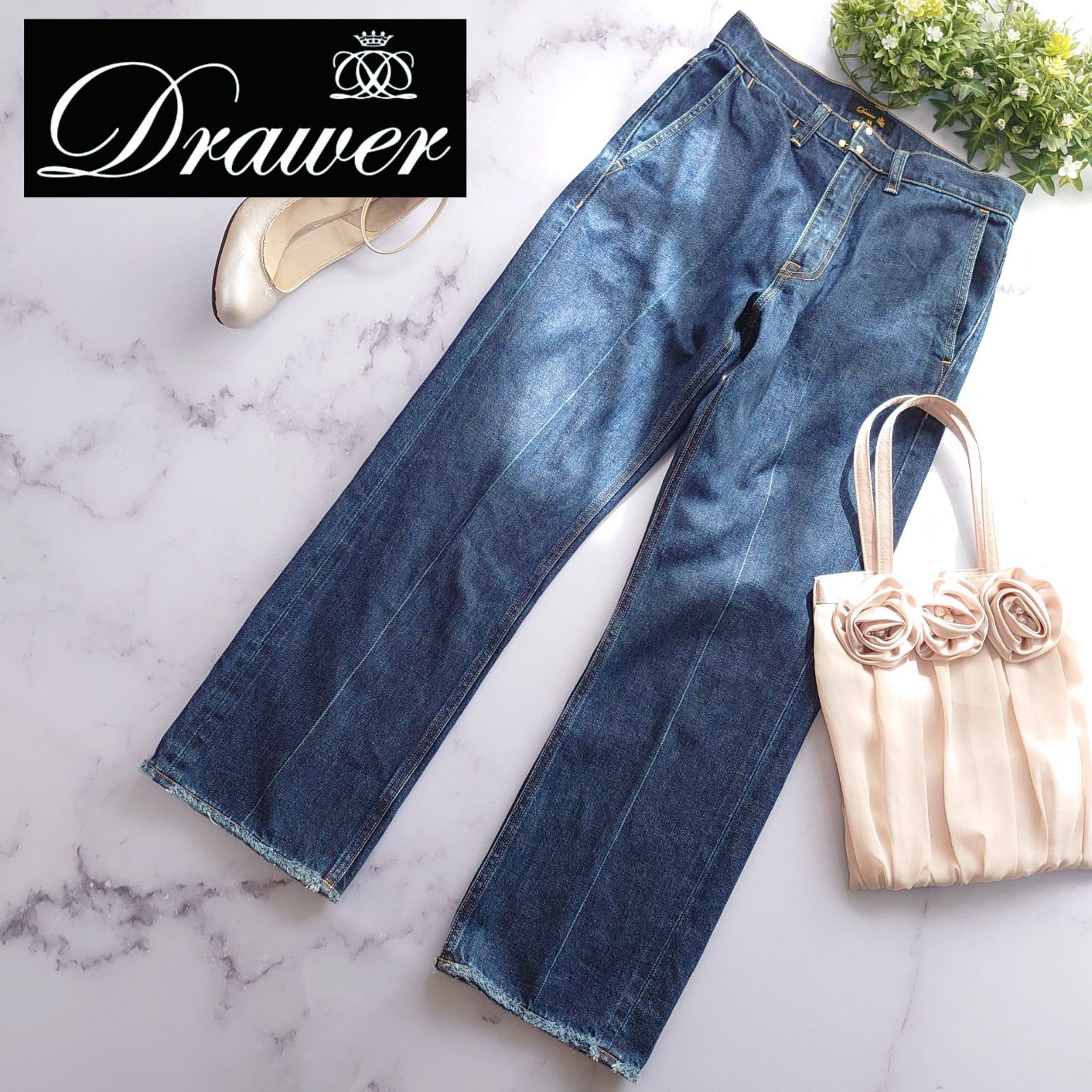 近年 定価4.6万 ドゥロワー ロゴ刺繍 デニムパンツ カットオフ 34