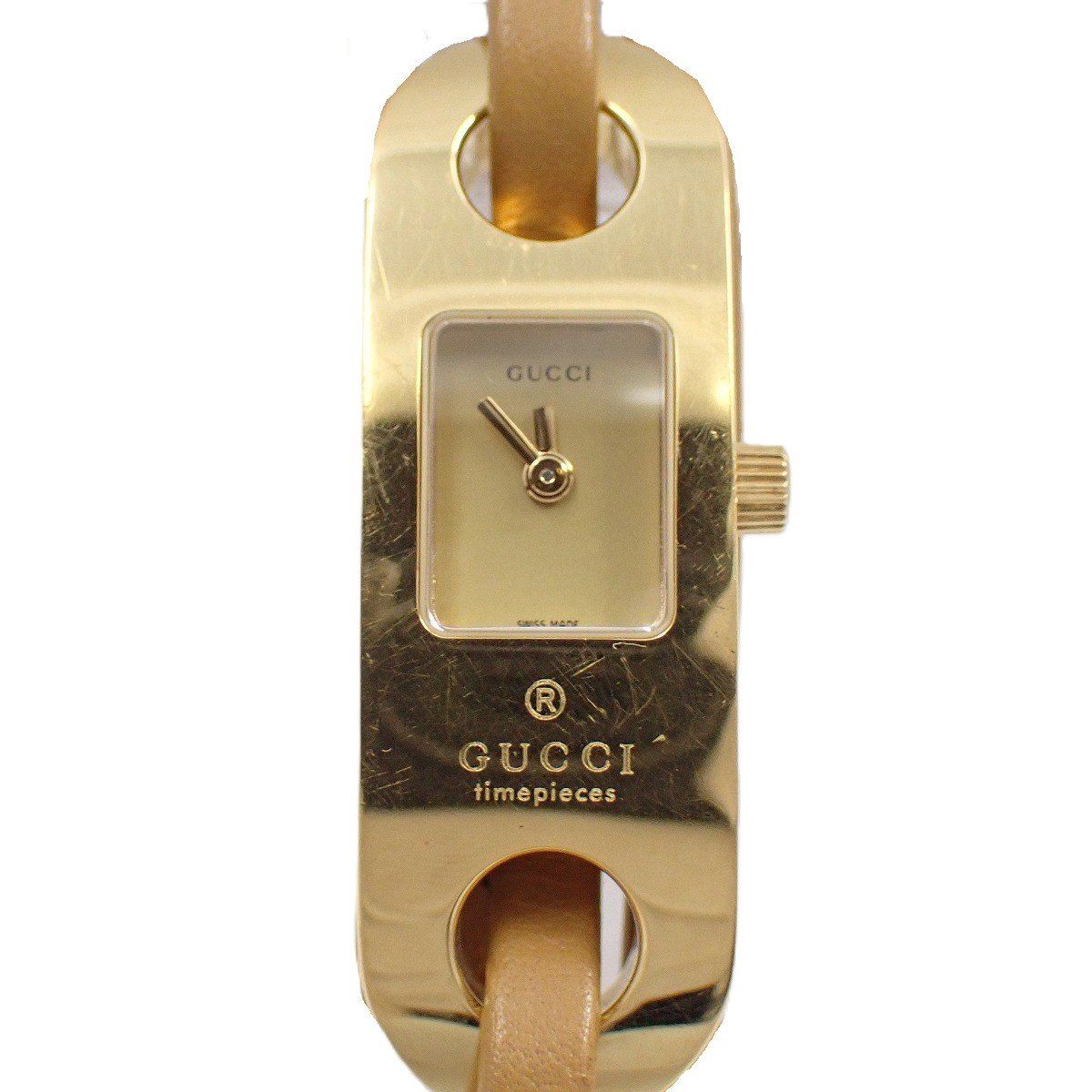 グッチ 6100L ブレスウォッチ クォーツ レディース 腕時計 ゴールドGP 純正レザー巻きベルト いおき質店