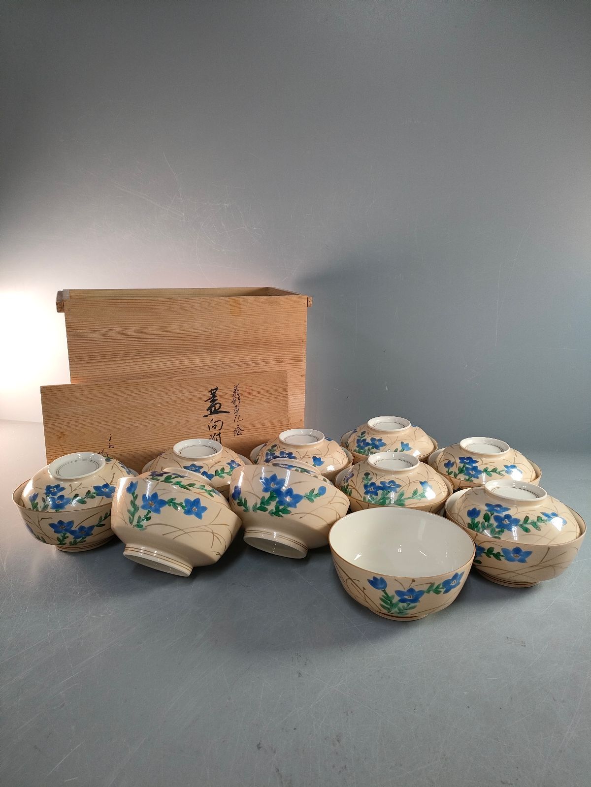 S8-12 京焼 清水焼 平安橘吉 着彩草花文絵蓋向付 茶碗10客 蓋9客 懐石道具