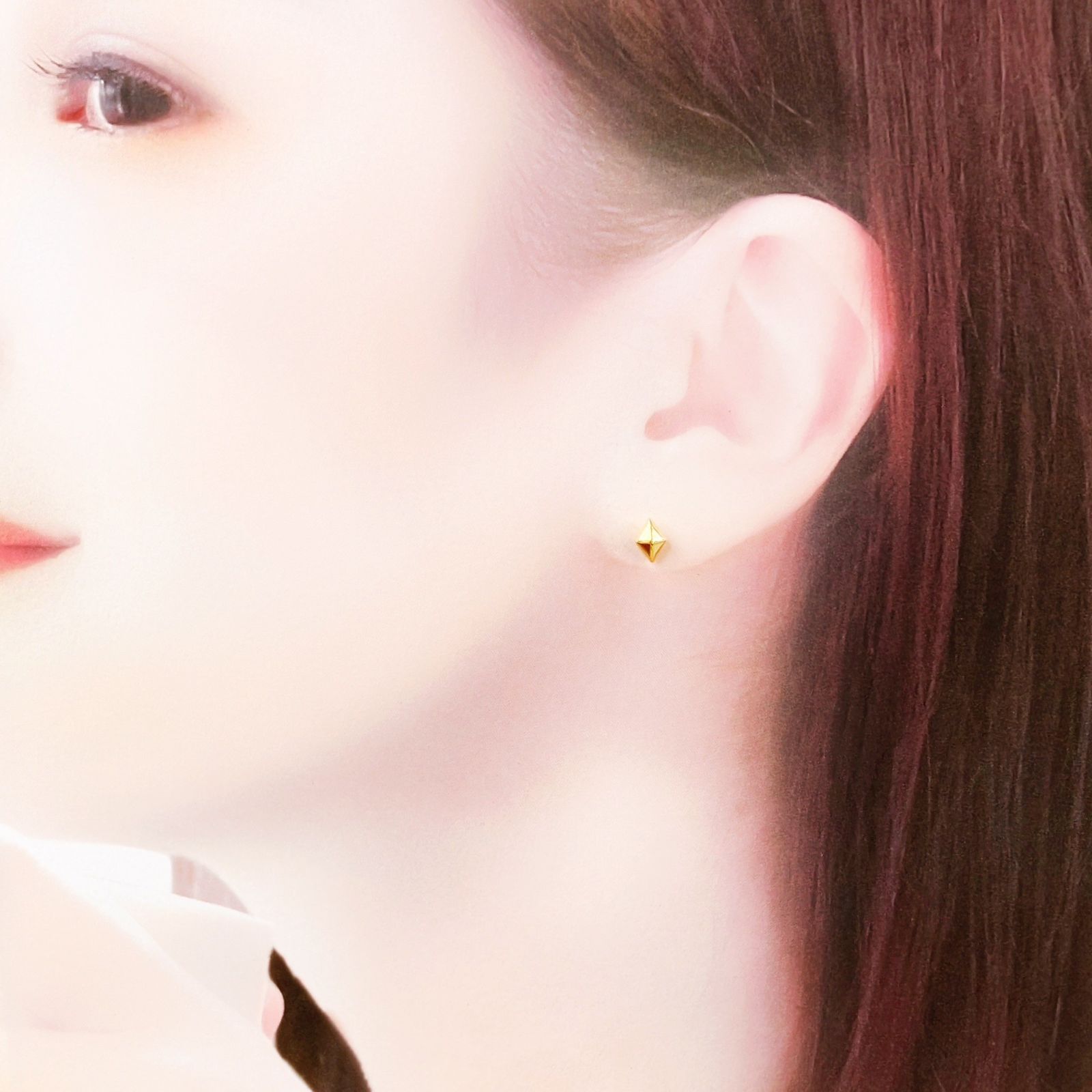 k18yg ダイヤモンド型 シンプル スタッドピアス 立体 地金 菱形 ひし形