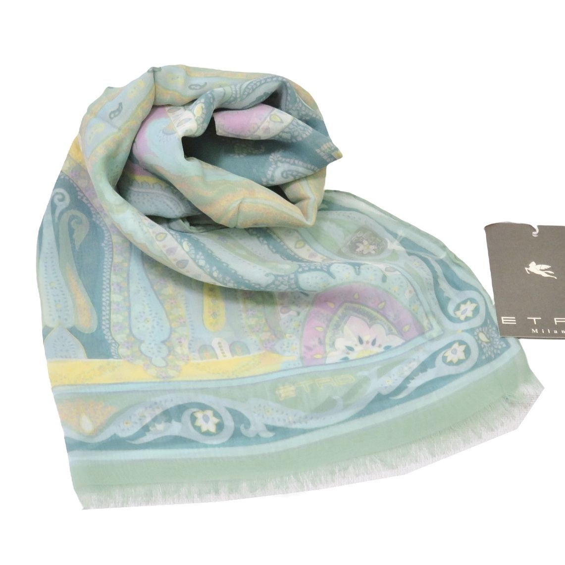 ETRO エトロ ペイズリー ストール ショール シルク グリーン系 イタリア製 紙パッケージ付き rk10308
