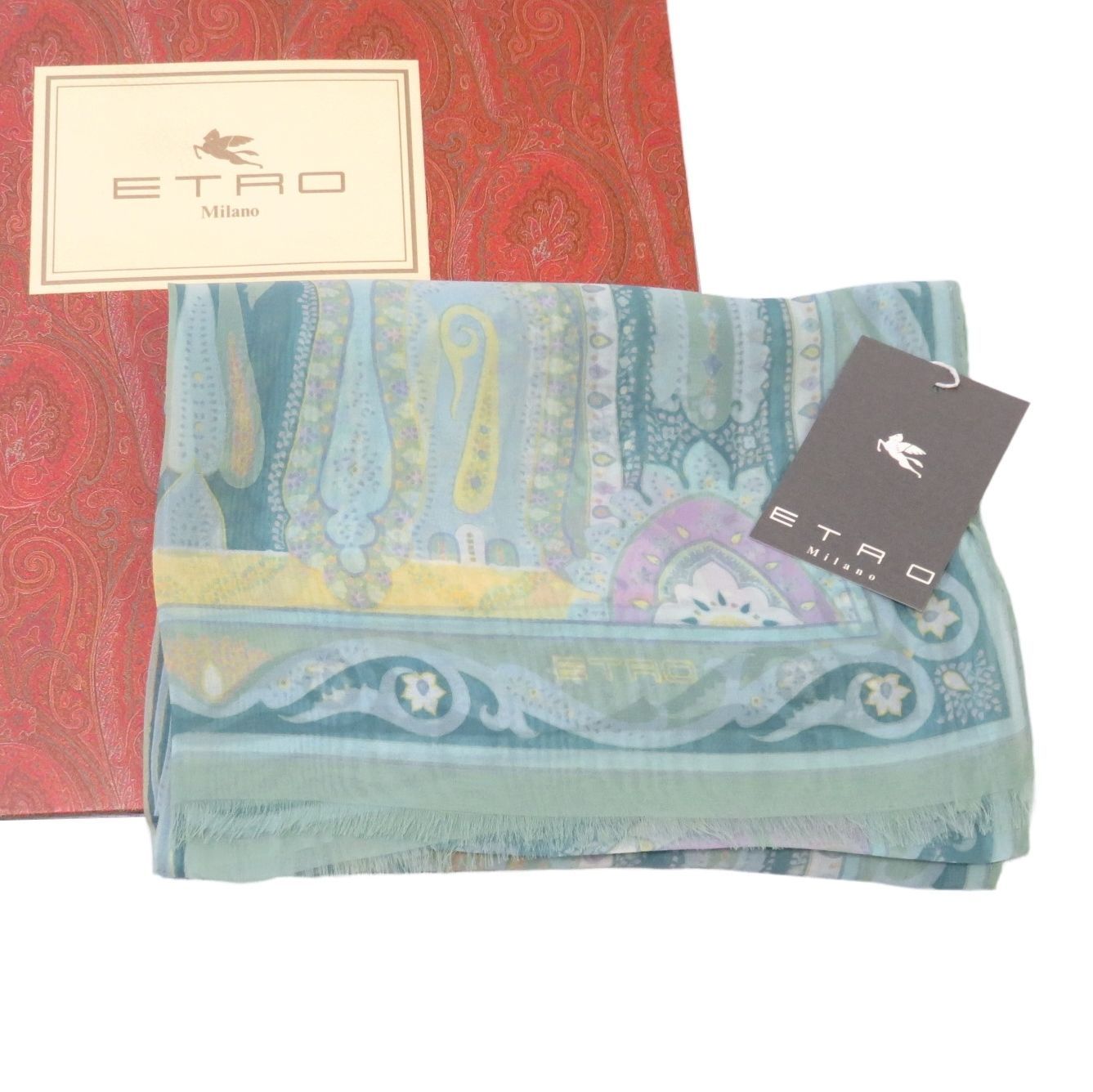 ETRO エトロ ペイズリー ストール ショール シルク グリーン系 イタリア製 紙パッケージ付き rk10308