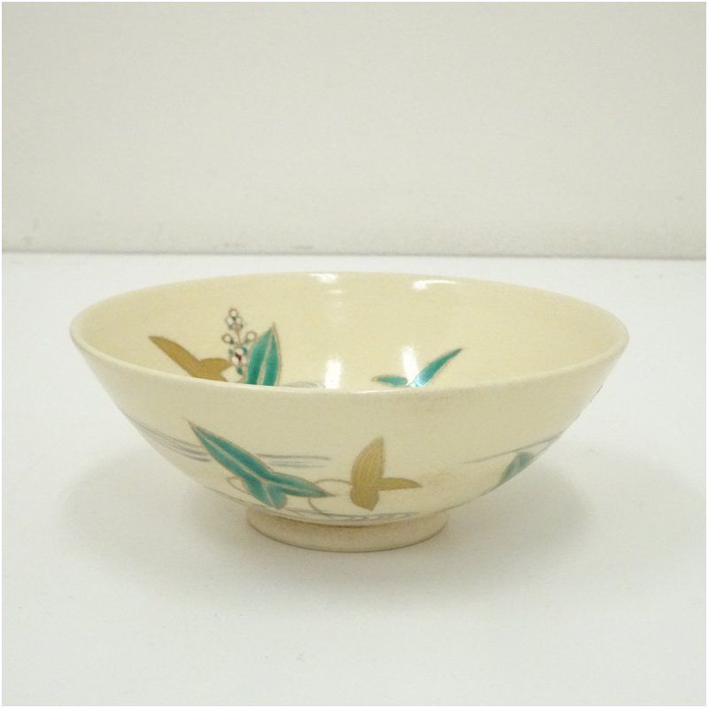 京焼 弘艸造 色絵おもだか平茶碗 共箱 茶道 抹茶 おしゃれ 抹茶茶碗 抹茶碗 和食器 レトロ 茶器 骨董 茶わん 茶会 茶の湯 夏 8月 夏